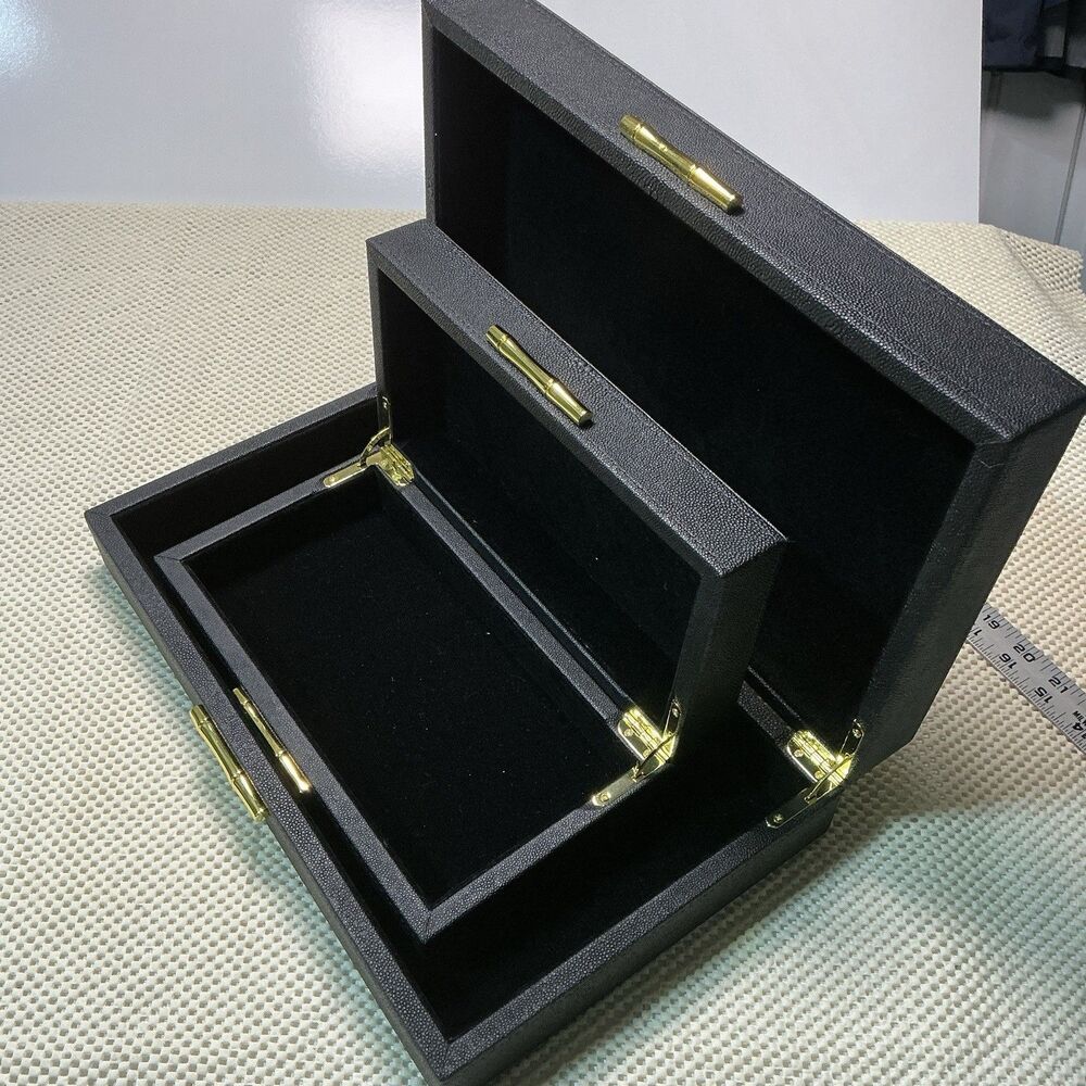 Set of 2 Black Leatherette Display Storage Boxes Velvet Lined Gold Hardware